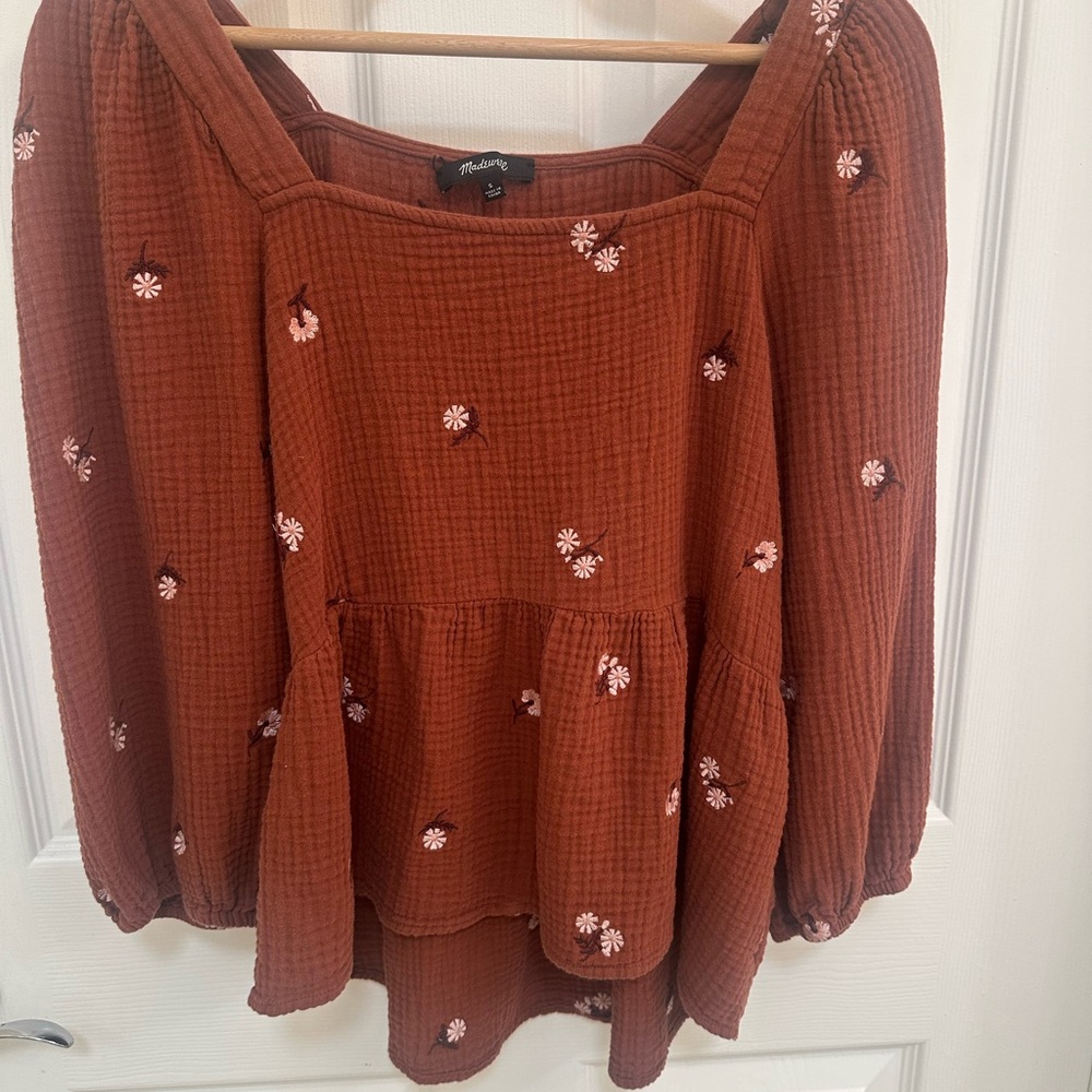 Madewell Red and Orange Puff Sleeve Smocked Blouse